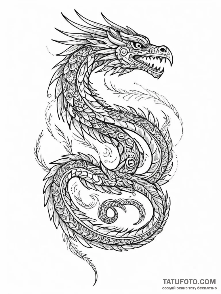 Tattoo sketch, quetzalcoatl, feathered data s... - эскиз тату (№1752459278_0, 14.07.2025 02:14) — Tatufoto.com