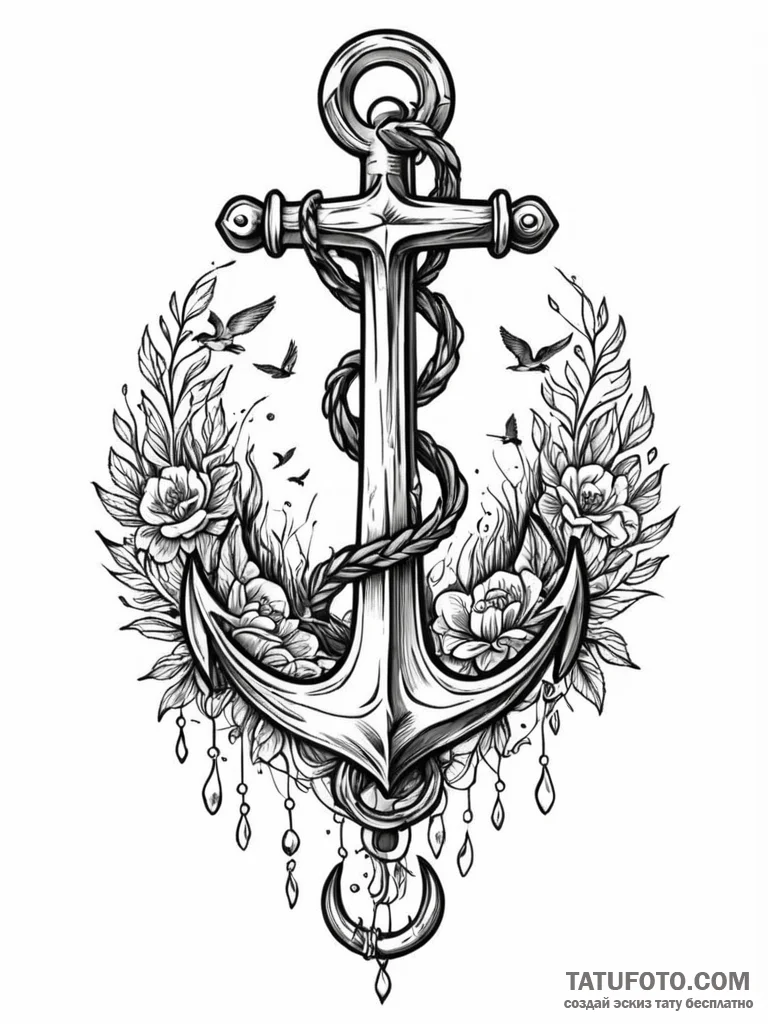 Tattoo sketch, an anchor dissolving into a fl... - эскиз тату (№1752459866_0, 14.07.2025 02:24) — Tatufoto.com