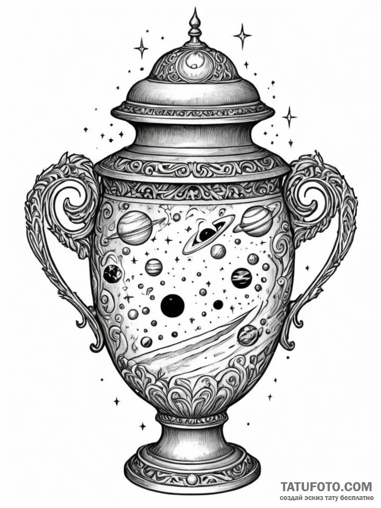 Tattoo sketch, quantum universe in a urn, an… — эскиз тату (№1752460118_0, 14.07.2025 02:28) — Tatufoto.com