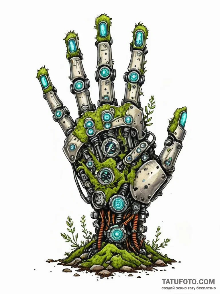 Tattoo sketch, runic regrowth on robot hand,... - эскиз тату (№1752460283_0, 14.07.2025 02:31) — Tatufoto.com