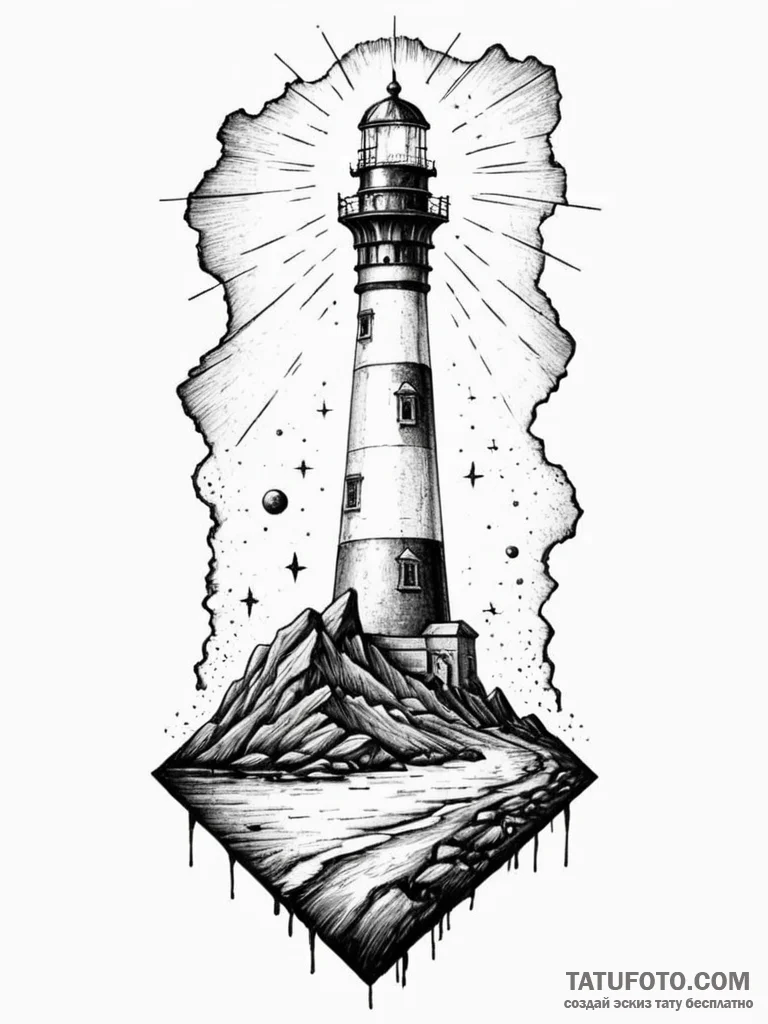 Tattoo sketch, haunted lighthouse, cosmic bea... - эскиз тату (№1752460532_0, 14.07.2025 02:35) — Tatufoto.com