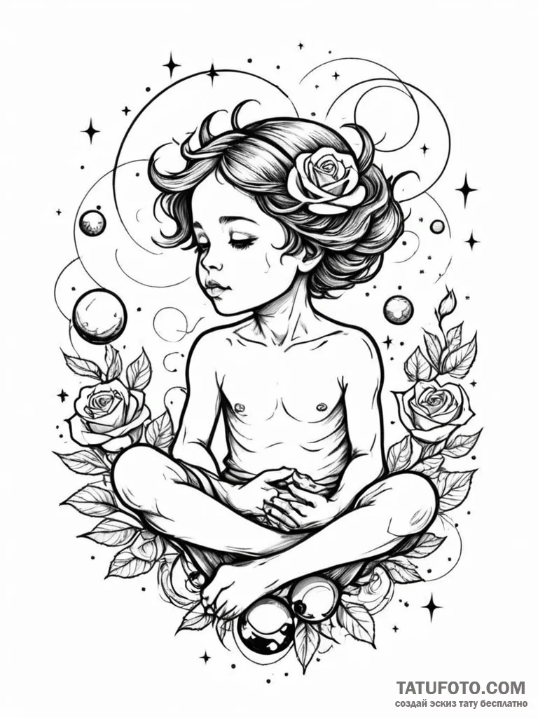 Tattoo sketch, inner child's cosmos, a styliz... - эскиз тату (№1752460699_0, 14.07.2025 02:38) — Tatufoto.com