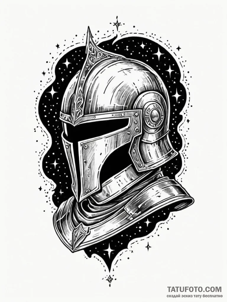 Tattoo sketch, knight’s helmet, starlight vis… — эскиз тату (№1752460866_0, 14.07.2025 02:41) — Tatufoto.com