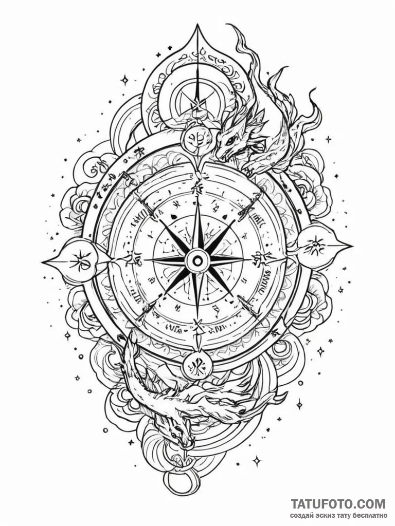 Tattoo sketch, zodiac compass rose, galactic... - эскиз тату (№1752461623_0, 14.07.2025 02:53) — Tatufoto.com