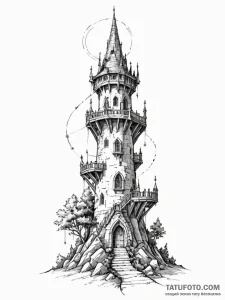 Tattoo sketch, wizard's tower, networked spir... - эскиз тату (№1752461707_0, 14.07.2025 02:55) — Tatufoto.com