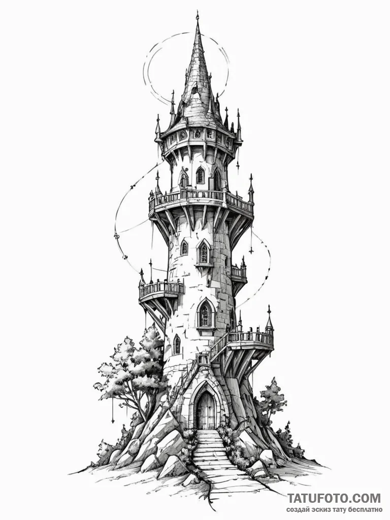 Tattoo sketch, wizard’s tower, networked spir… — эскиз тату (№1752461707_0, 14.07.2025 02:55) — Tatufoto.com