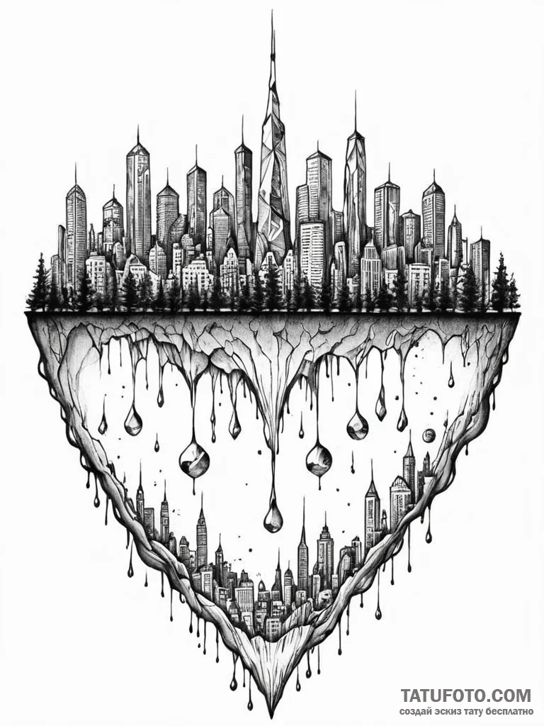 Tattoo sketch, distant city in a droplet, a s… — эскиз тату (№1752461876_0, 14.07.2025 02:57) — Tatufoto.com