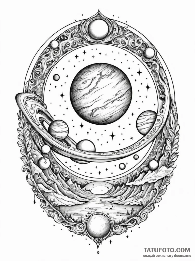 Tattoo sketch, portal-pocked planet, a styliz... - эскиз тату (№1752462802_0, 14.07.2025 03:13) — Tatufoto.com