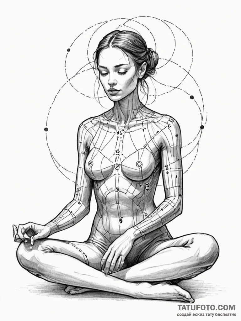 Tattoo sketch, quiet code whisperer, a serene... - эскиз тату (№1752463398_0, 14.07.2025 03:23) — Tatufoto.com