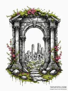 Tattoo sketch, resilient ruin, blooming data,... - эскиз тату (№1752463567_0, 14.07.2025 03:26) — Tatufoto.com