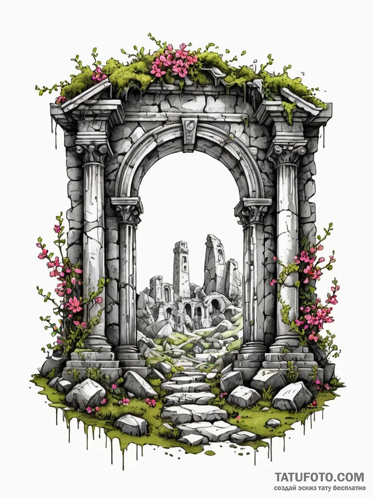 Tattoo sketch, resilient ruin, blooming data,… — эскиз тату (№1752463567_0, 14.07.2025 03:26) — Tatufoto.com