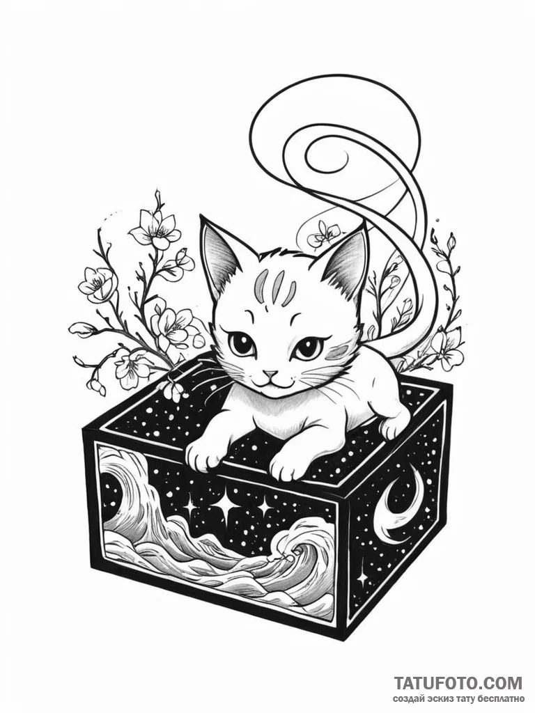 Tattoo sketch, kitty in a quantum box, a whim... - эскиз тату (№1752463737_0, 14.07.2025 03:28) — Tatufoto.com