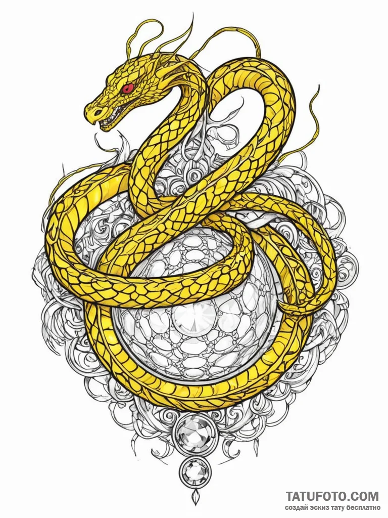 Tattoo sketch, yellow serpent, code scales, a… — эскиз тату (№1752464496_0, 14.07.2025 03:41) — Tatufoto.com