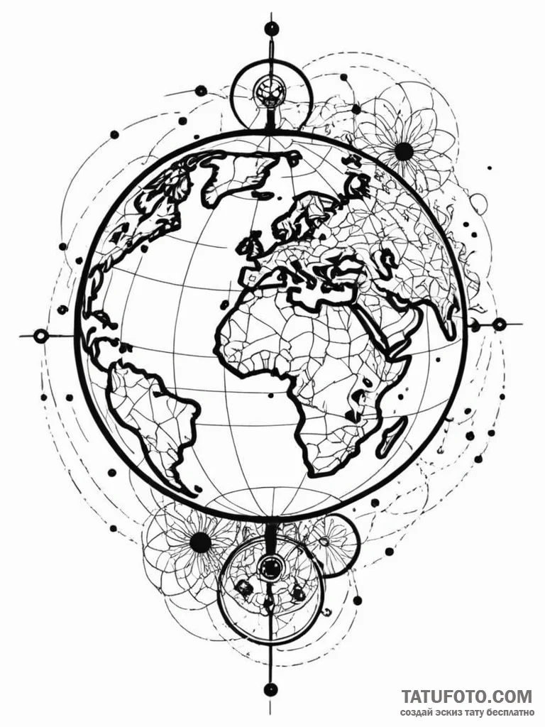 Tattoo sketch, universal algorithm globe, a s… — эскиз тату (№1752464582_0, 14.07.2025 03:43) — Tatufoto.com