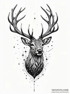 Tattoo sketch, leaping stag, cosmic antlers,... - эскиз тату (№1752464837_0, 14.07.2025 03:47) — Tatufoto.com