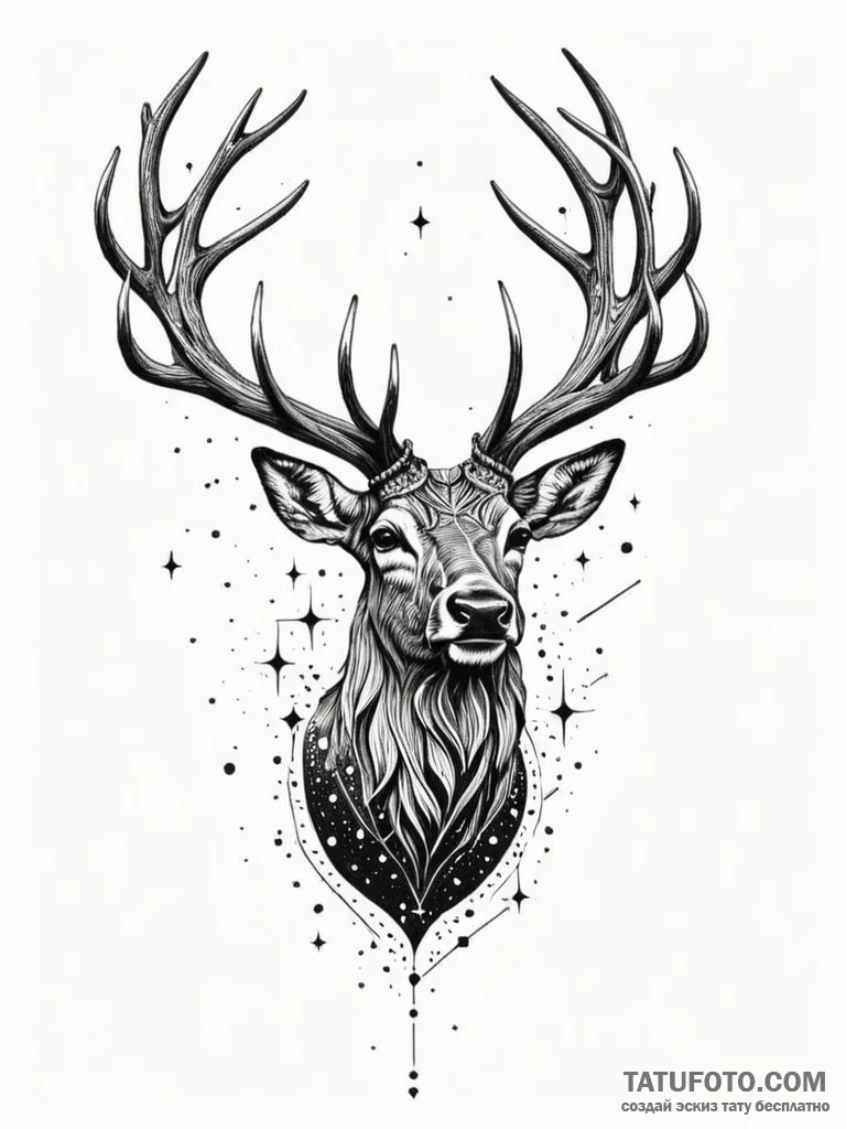 Tattoo sketch, leaping stag, cosmic antlers,... - эскиз тату (№1752464837_0, 14.07.2025 03:47) — Tatufoto.com