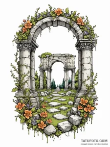 Tattoo sketch, resilient ruin, blooming data,... - эскиз тату (№1752465347_0, 14.07.2025 03:55) — Tatufoto.com
