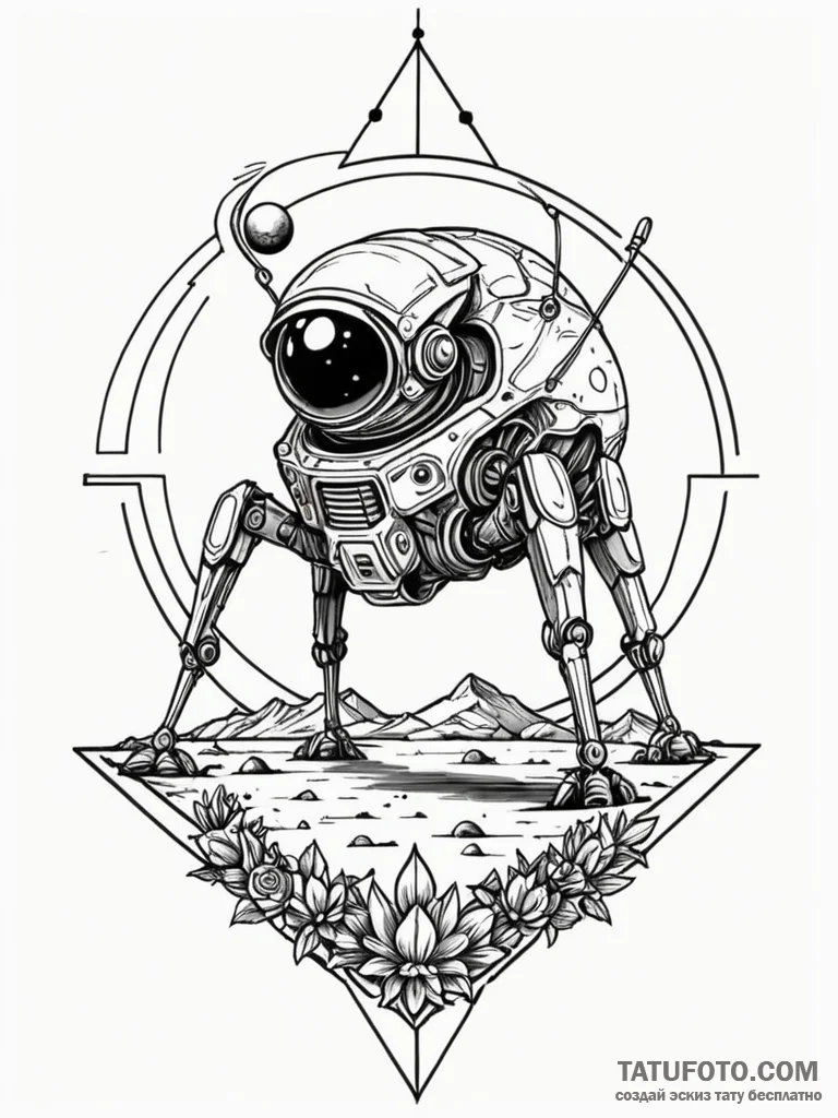 Tattoo sketch, lunar lander, alien bloom, a s… — эскиз тату (№1752465517_0, 14.07.2025 03:58) — Tatufoto.com