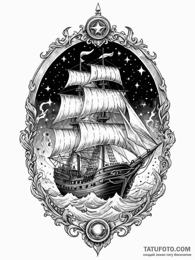 Tattoo sketch, glimmering ghost ship, a spect... - эскиз тату (№1752465768_0, 14.07.2025 04:02) — Tatufoto.com
