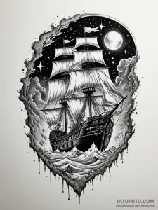 Tattoo sketch, glimmering ghost ship, a spect... - эскиз тату (№1752466105_0, 14.07.2025 04:08) — Tatufoto.com