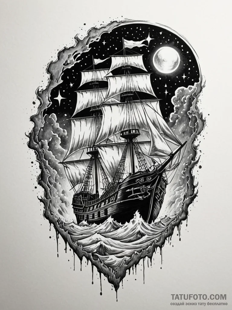 Tattoo sketch, glimmering ghost ship, a spect... - эскиз тату (№1752466105_0, 14.07.2025 04:08) — Tatufoto.com