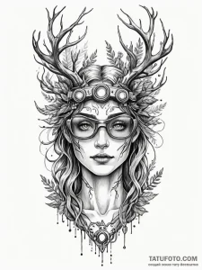 Tattoo sketch, forest spirit with vr goggles,... - эскиз тату (№1752466190_0, 14.07.2025 04:09) — Tatufoto.com