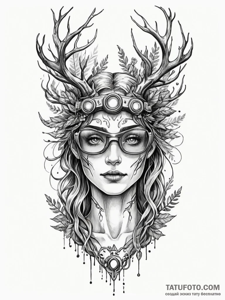 Tattoo sketch, forest spirit with vr goggles,... - эскиз тату (№1752466190_0, 14.07.2025 04:09) — Tatufoto.com