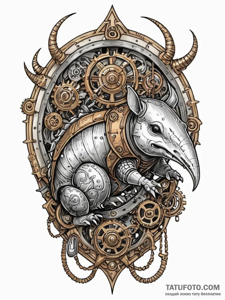 Tattoo sketch, armored armadillo with a steam... - эскиз тату (№1752466943_0, 14.07.2025 04:22) — Tatufoto.com