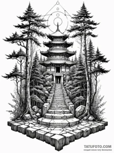 Tattoo sketch, tranquil tech temple, a serene... - эскиз тату (№1752468115_0, 14.07.2025 04:41) — Tatufoto.com