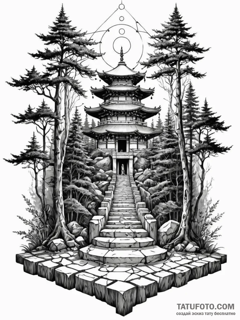 Tattoo sketch, tranquil tech temple, a serene… — эскиз тату (№1752468115_0, 14.07.2025 04:41) — Tatufoto.com