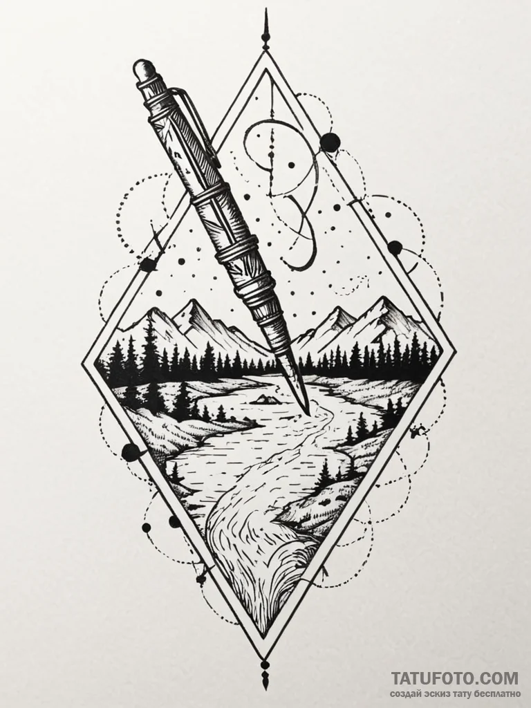 Tattoo sketch, quill pen, flowing river of kn... - эскиз тату (№1752468281_0, 14.07.2025 04:44) — Tatufoto.com