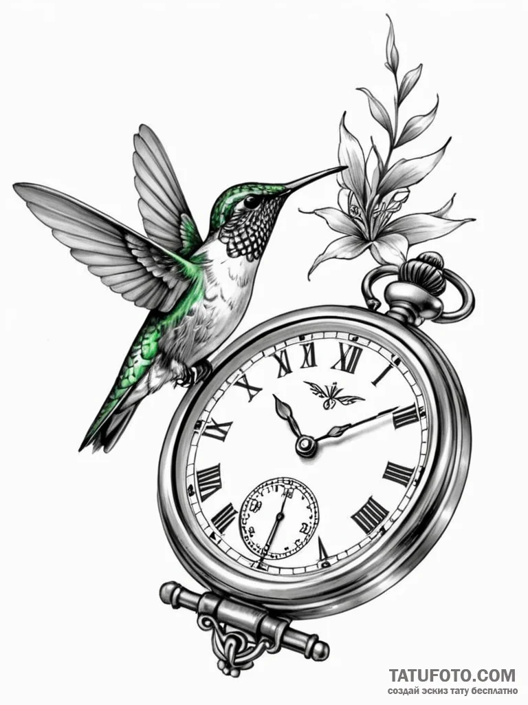 Tattoo sketch, hummingbird timekeeper, a tiny… — эскиз тату (№1752468366_0, 14.07.2025 04:46) — Tatufoto.com