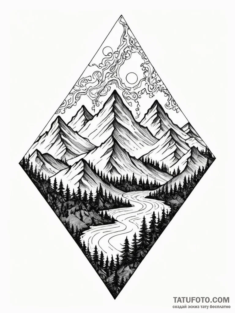 Tattoo sketch, recursive mountain range, a ma… — эскиз тату (№1752468869_0, 14.07.2025 04:54) — Tatufoto.com