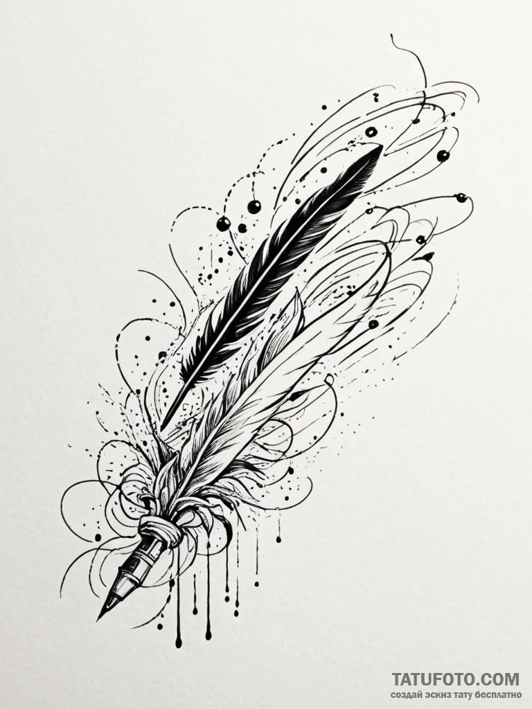 Tattoo sketch, quill pen, flowing river of kn… — эскиз тату (№1752470043_0, 14.07.2025 05:14) — Tatufoto.com
