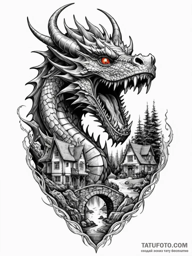 Tattoo sketch, dragon’s gate to reality, a ro… — эскиз тату (№1752470883_0, 14.07.2025 05:28) — Tatufoto.com