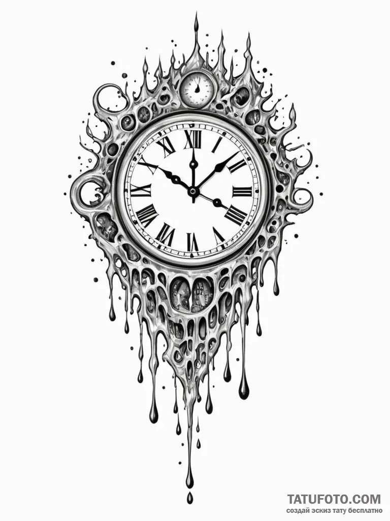Tattoo sketch, melting clock, digital drippin... - эскиз тату (№1752471302_0, 14.07.2025 05:35) — Tatufoto.com