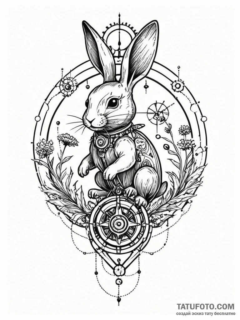 Tattoo sketch, jumping clockwork rabbit, a wh... - эскиз тату (№1752471469_0, 14.07.2025 05:37) — Tatufoto.com