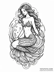 Tattoo sketch, siren's call, digital waves, a... - эскиз тату (№1752472312_0, 14.07.2025 05:51) — Tatufoto.com