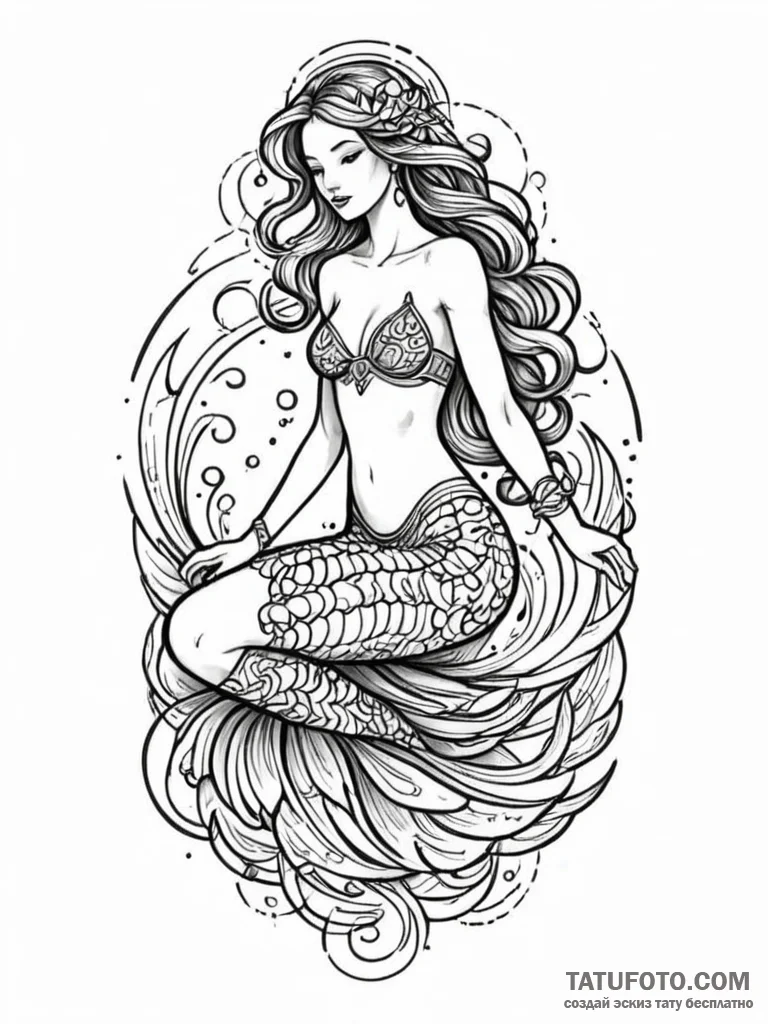 Tattoo sketch, siren's call, digital waves, a... - эскиз тату (№1752472312_0, 14.07.2025 05:51) — Tatufoto.com