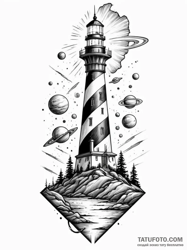 Tattoo sketch, xenodochial lighthouse, a styl... - эскиз тату (№1752472897_0, 14.07.2025 06:01) — Tatufoto.com
