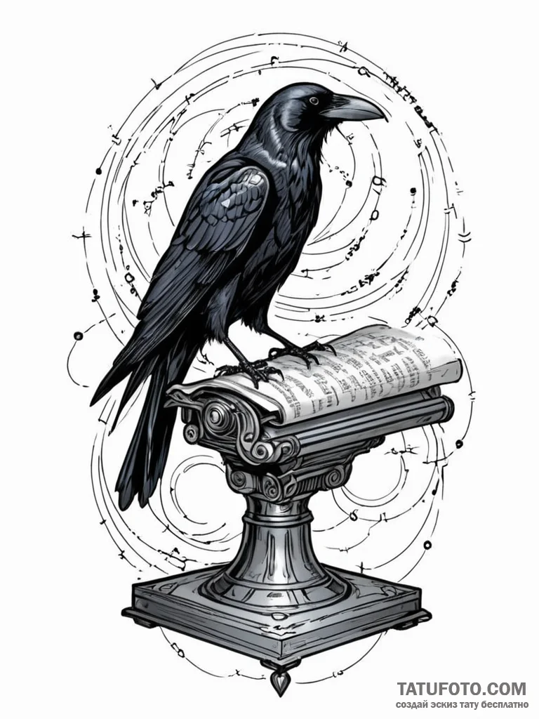 Tattoo sketch, raven’s scroll of digital omen… — эскиз тату (№1752473651_0, 14.07.2025 06:14) — Tatufoto.com