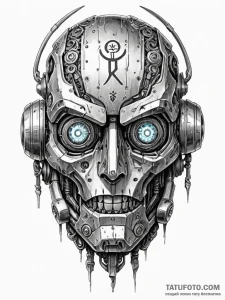 Tattoo sketch, rune-carved robot head, a deta... - эскиз тату (№1752474073_0, 14.07.2025 06:21) — Tatufoto.com