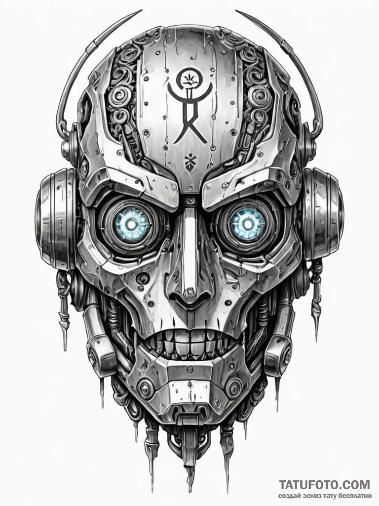 Tattoo sketch, rune-carved robot head, a deta... - эскиз тату (№1752474073_0, 14.07.2025 06:21) — Tatufoto.com