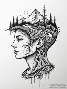 Tattoo sketch, inner world landscape, a cross... - эскиз тату (№1752474408_0, 14.07.2025 06:26) — Tatufoto.com