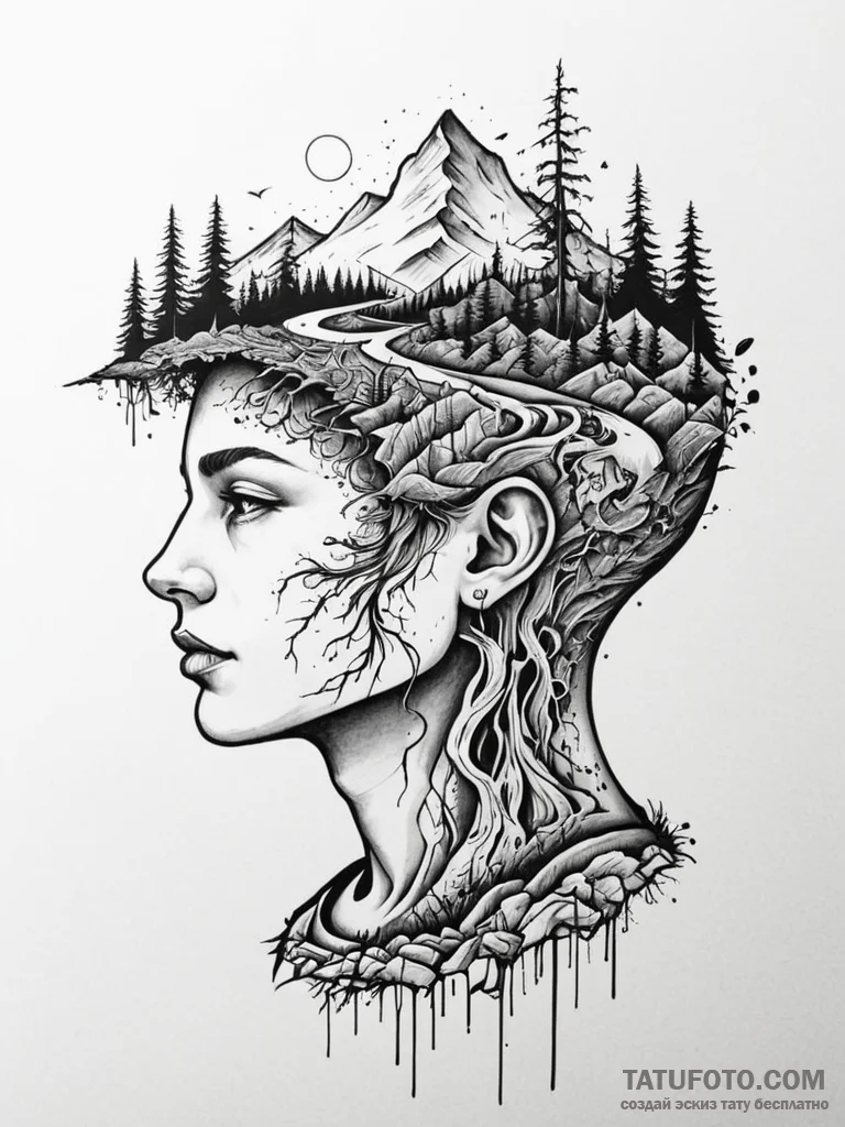 Tattoo sketch, inner world landscape, a cross… — эскиз тату (№1752474408_0, 14.07.2025 06:26) — Tatufoto.com