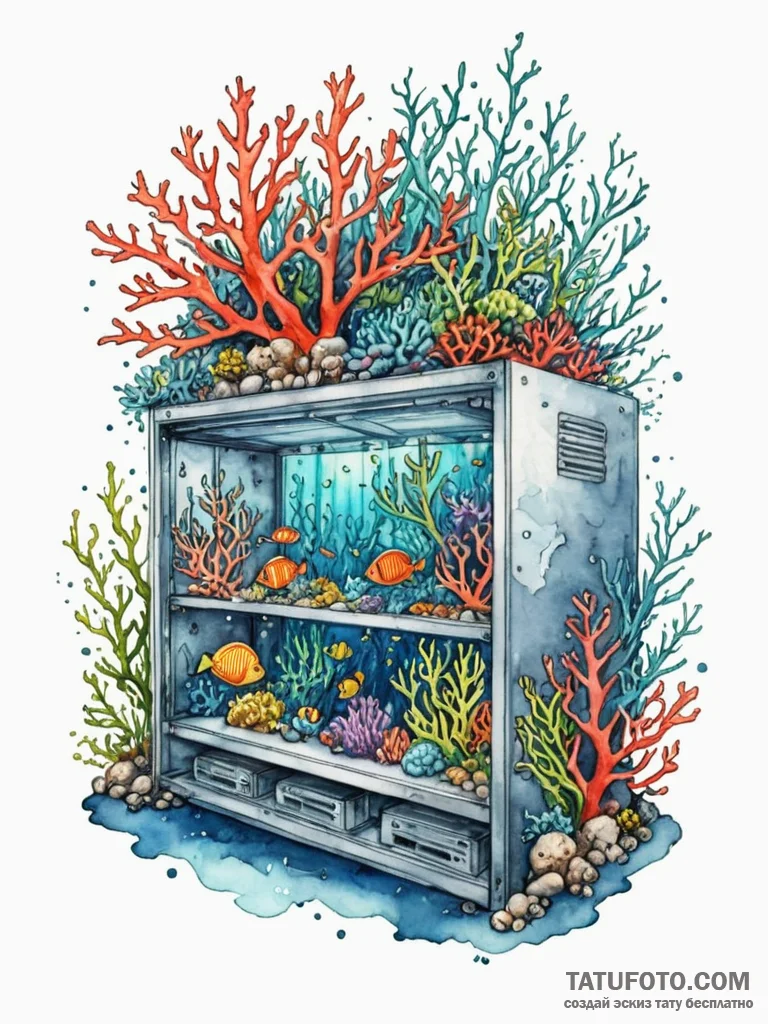 Tattoo sketch, coral reef data center: a vibr... - эскиз тату (№1752474661_0, 14.07.2025 06:31) — Tatufoto.com