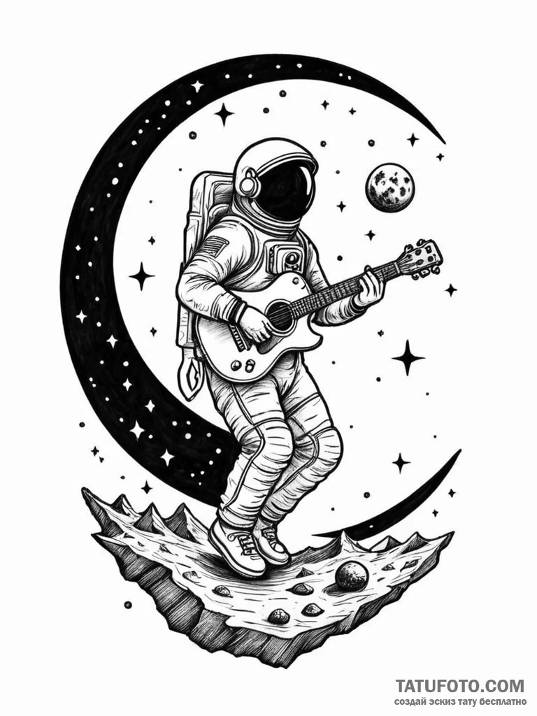 Tattoo sketch, astronaut playing an acoustic... - эскиз тату (№1752474746_0, 14.07.2025 06:32) — Tatufoto.com