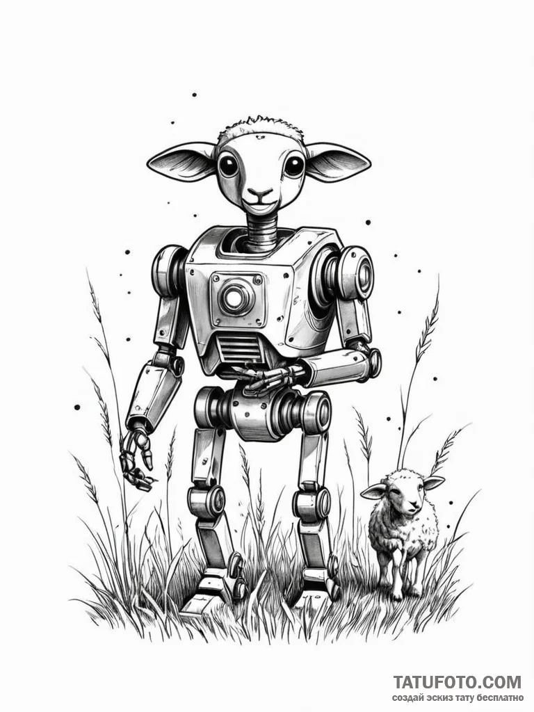 Tattoo sketch, quixotic robot shepherd, a sma... - эскиз тату (№1752474829_0, 14.07.2025 06:33) — Tatufoto.com