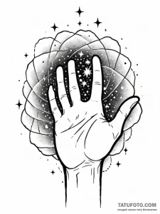 Tattoo sketch, hand of wisdom, cosmic touch,... - эскиз тату (№1752475584_0, 14.07.2025 06:46) — Tatufoto.com