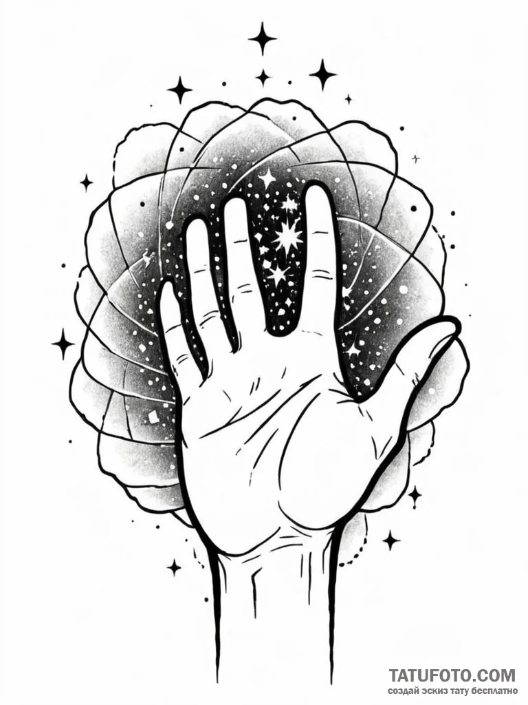 Tattoo sketch, hand of wisdom, cosmic touch,... - эскиз тату (№1752475584_0, 14.07.2025 06:46) — Tatufoto.com